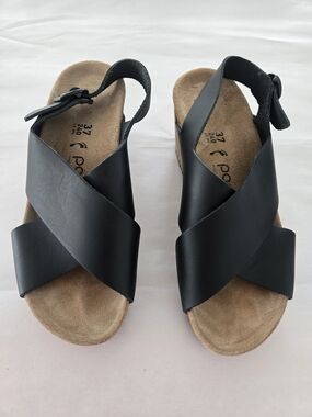 Papillio Women's Black Leather Strappy Wedge Sandals Cork Sole Buckle EU37 US6.5